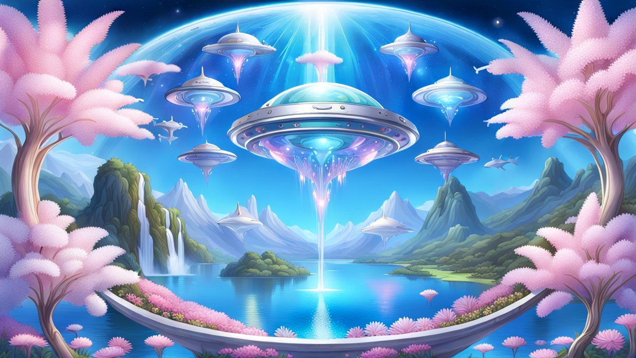 Futuristic Circular Spaceships Over Serene Alien Landscape