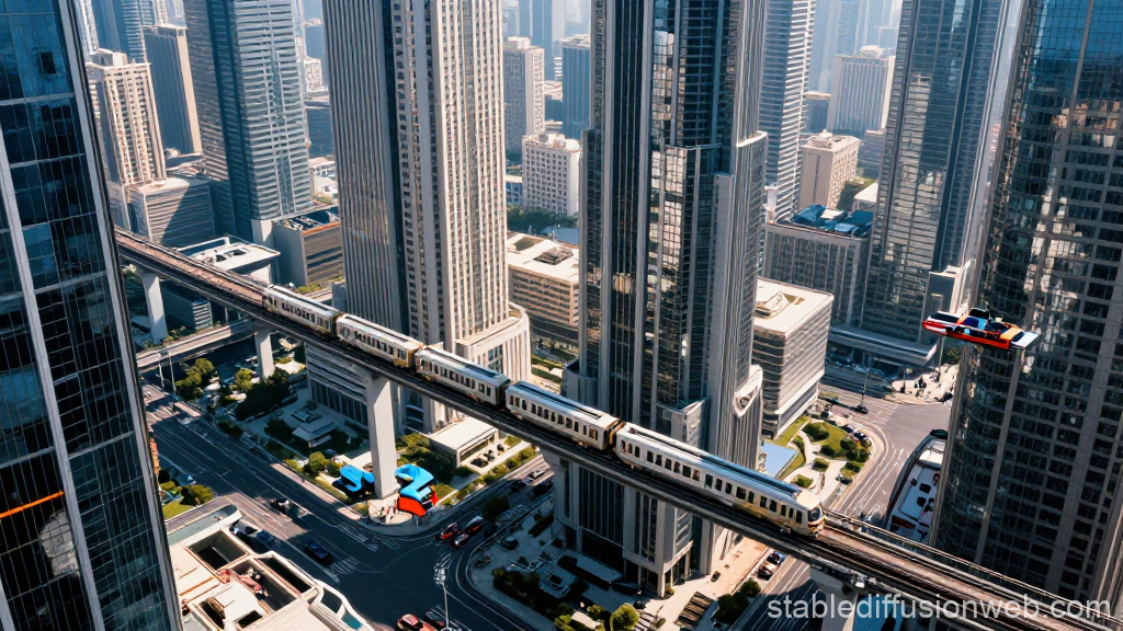 Futuristic City Aerial View with Elevated Train and Flying Vehicle