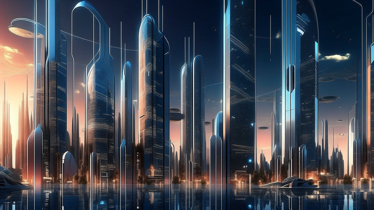 Futuristic City Skyline at Dusk with Reflective Skyscrapers
