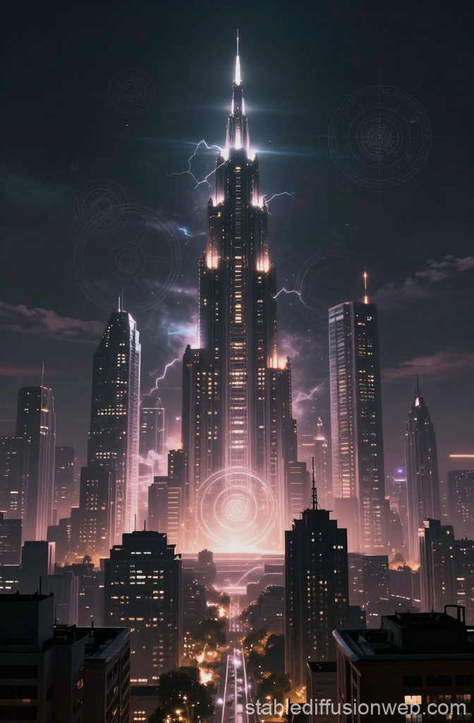 Futuristic City Skyline with Illuminated Tower and Lightning