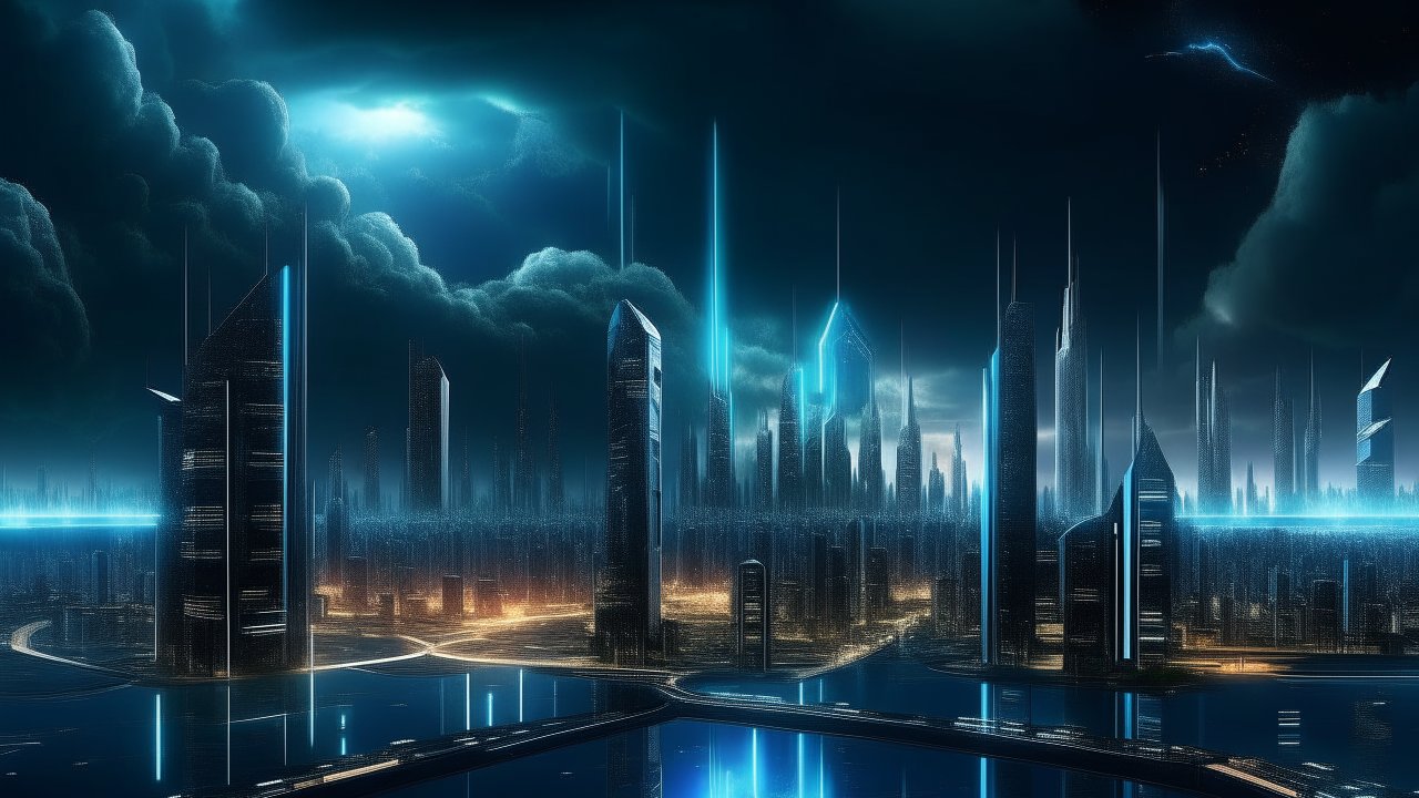 Futuristic City Skyline with Neon Blue Lights