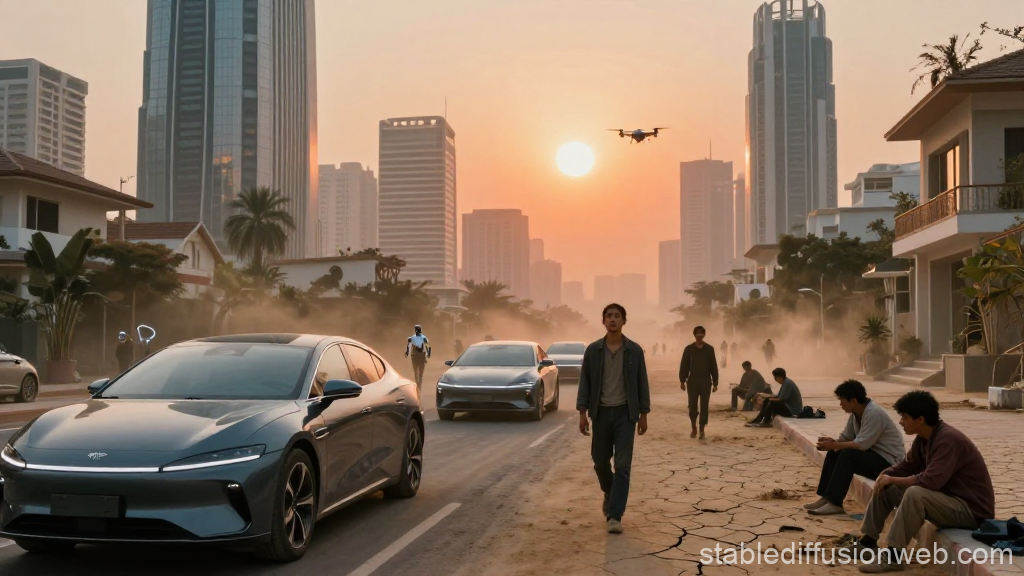 Futuristic City Street at Sunset with Electric Cars and Drone