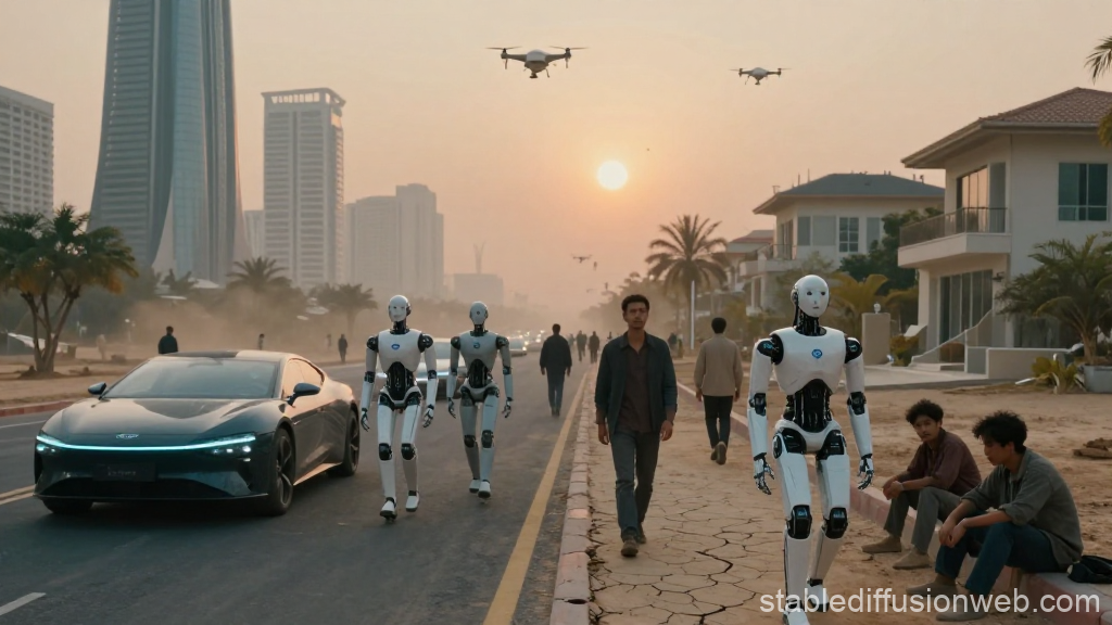 Futuristic City Street with Robots and Drones at Sunset