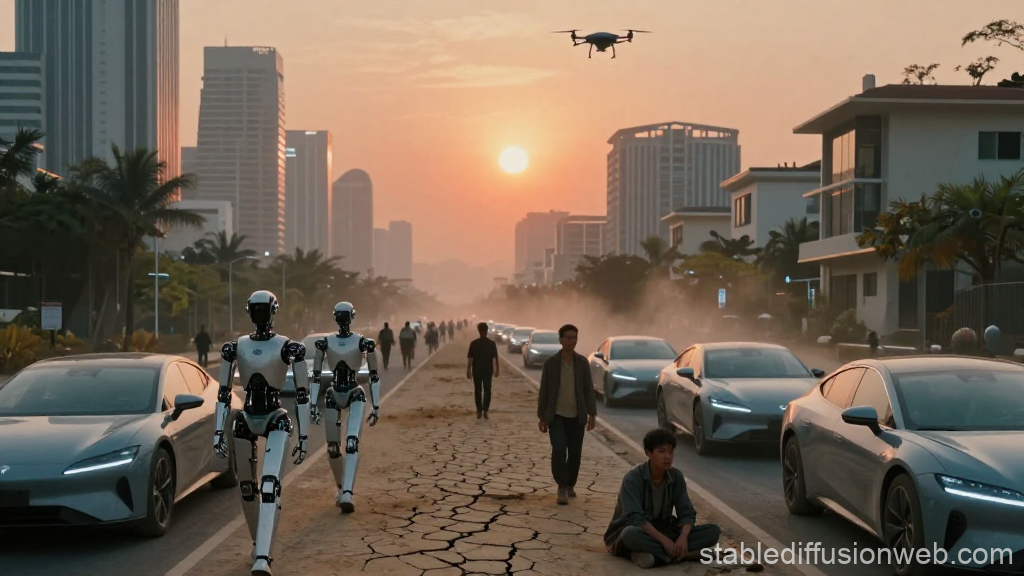 Futuristic City Street with Robots and Electric Cars at Sunset