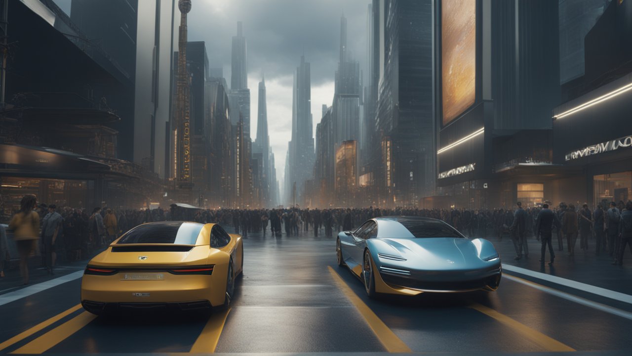 Futuristic City Street with Sleek Sports Cars
