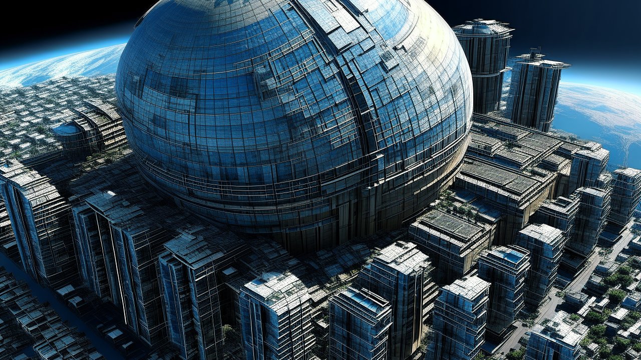 Futuristic City with Massive Spherical Structure in Space