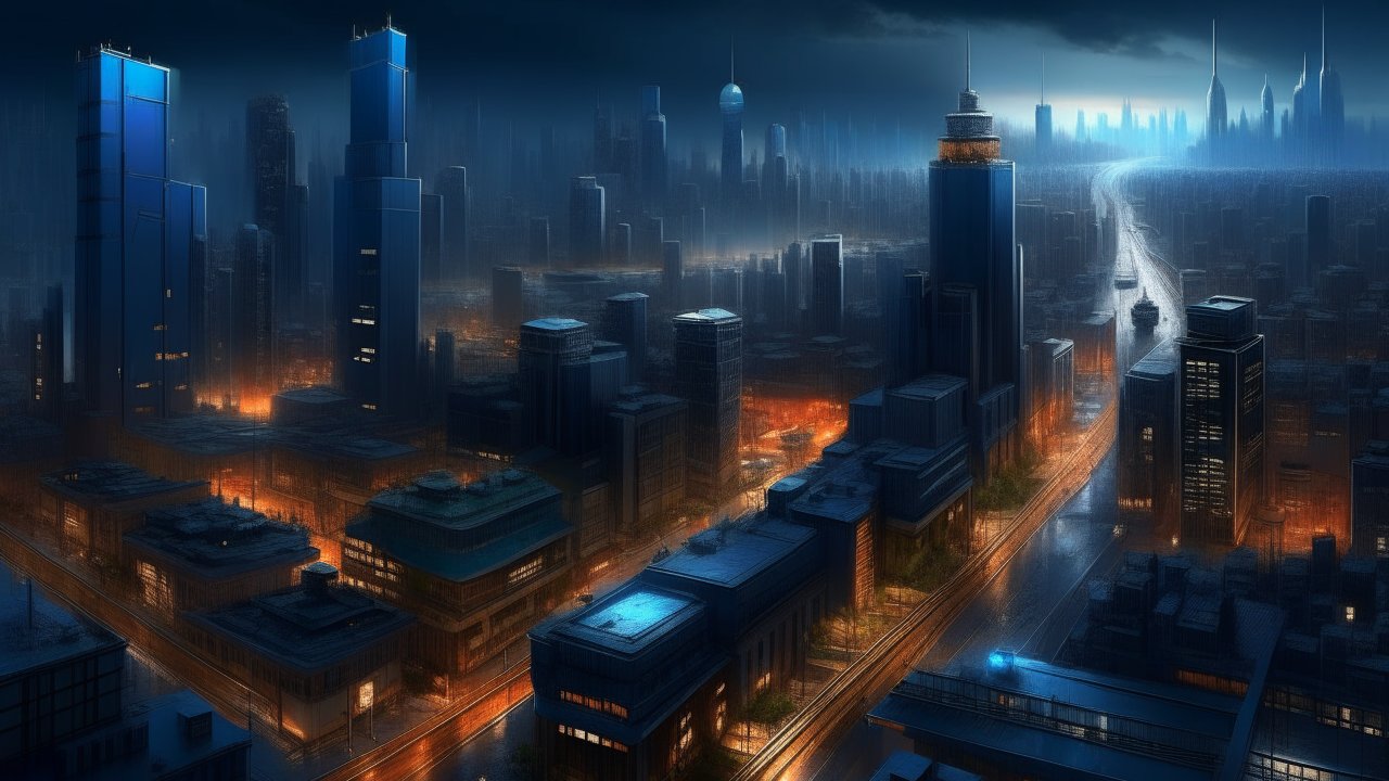 Futuristic Cityscape at Night with Illuminated Skyscrapers