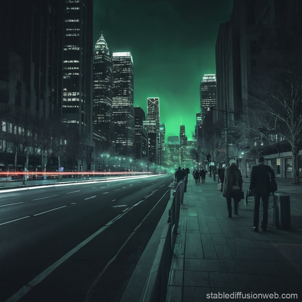 Futuristic Cityscape at Night with Neon Green Glow
