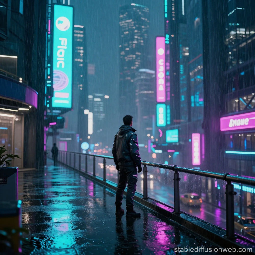Futuristic Cityscape in Rain with Neon Lights