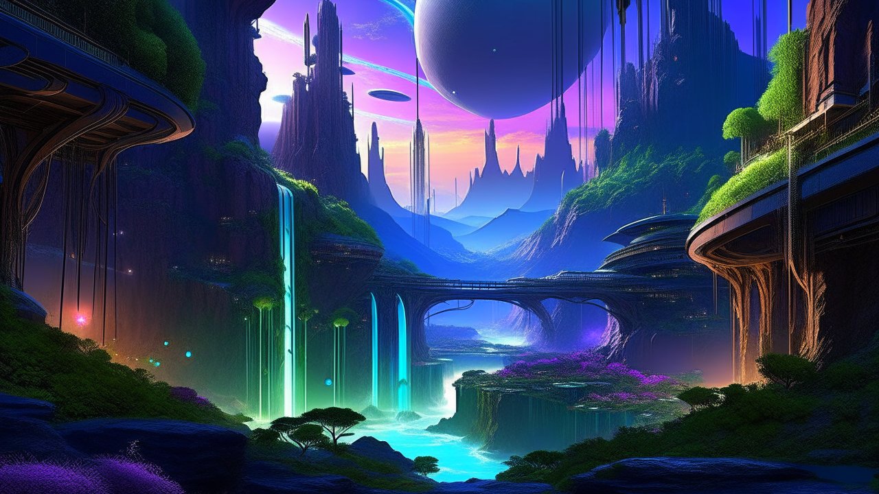 Futuristic Cityscape with Floating Structures and Waterfalls