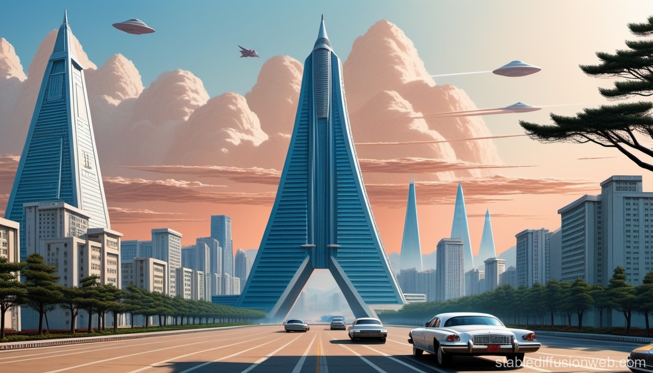 Futuristic Cityscape with Flying Vehicles at Sunset