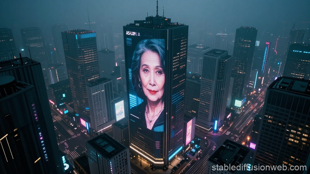Futuristic Cityscape with Giant Digital Portrait on Skyscraper
