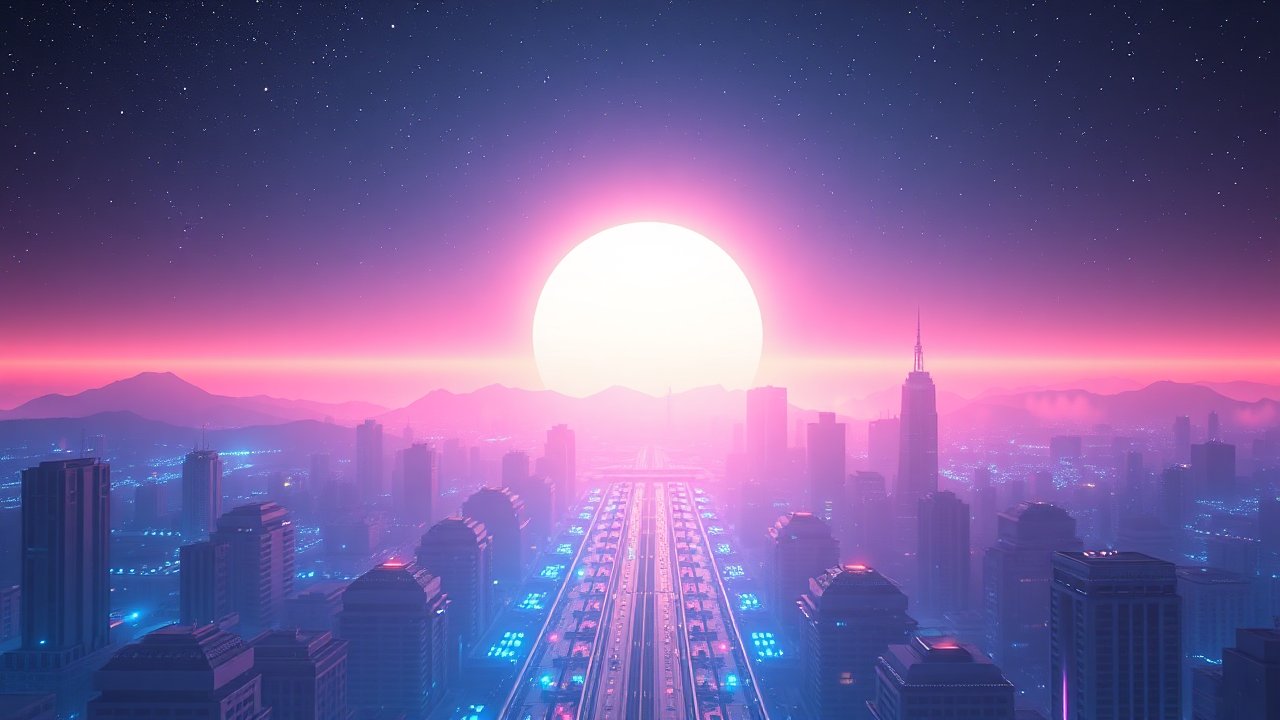Futuristic Cityscape with Giant Glowing Sun