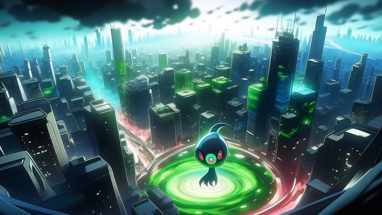 Futuristic Cityscape with Glowing Creature in Neon Pool