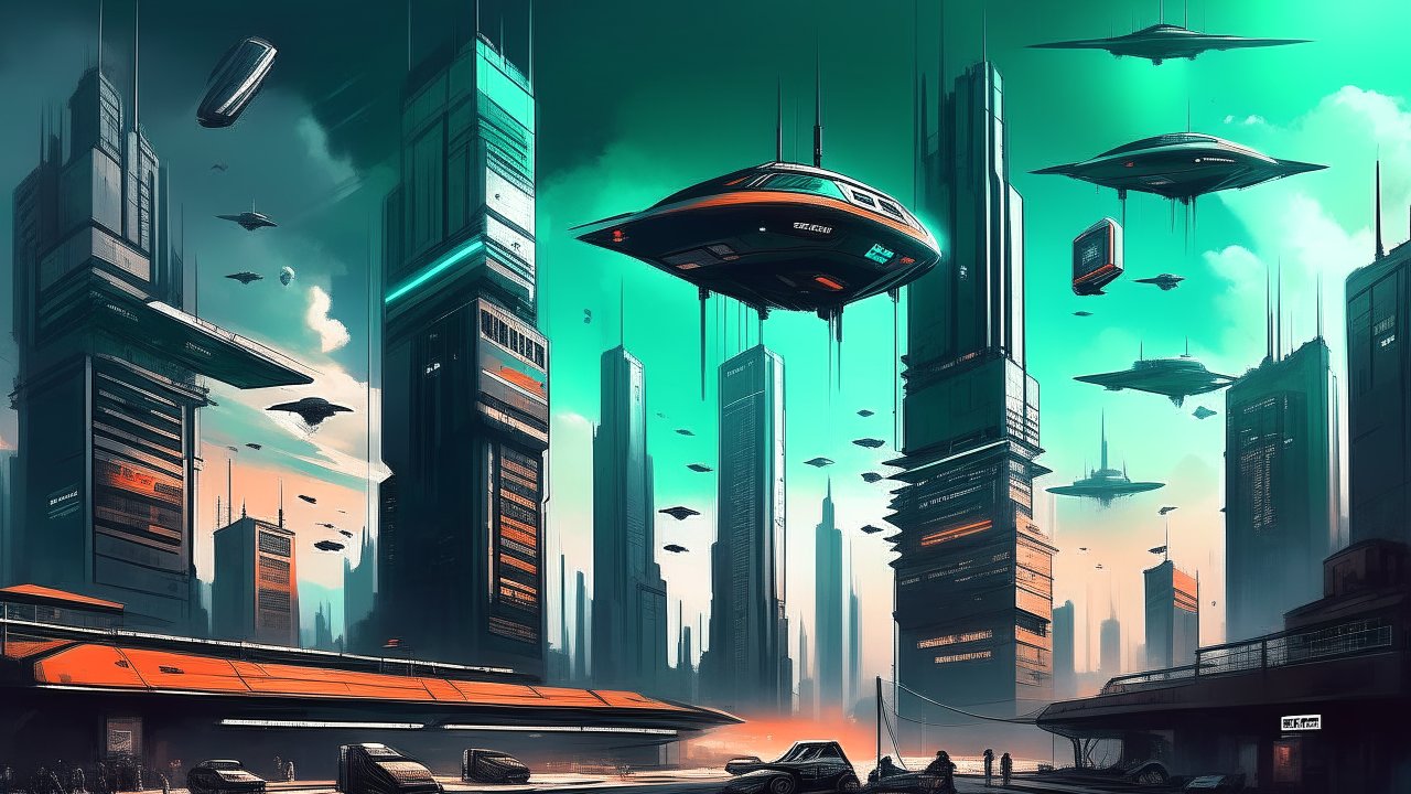 Futuristic Cityscape with Hovering Vehicles