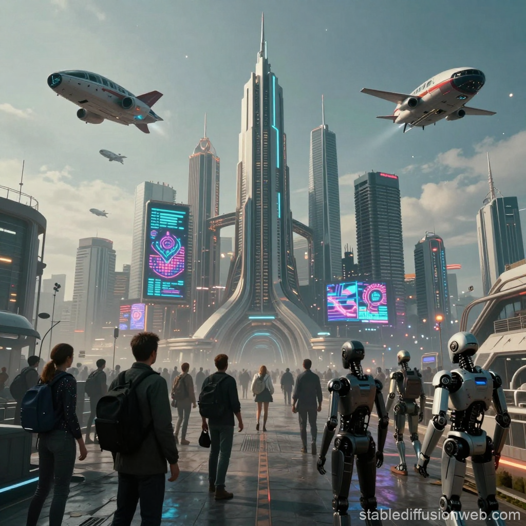 Futuristic Cityscape with Humans and Robots in 3000 AD