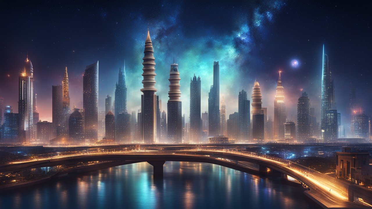 Futuristic Cityscape with Illuminated Skyline and Cosmic Sky