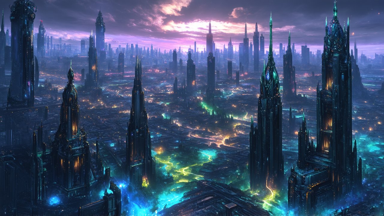 Futuristic Cityscape with Illuminated Spires at Twilight