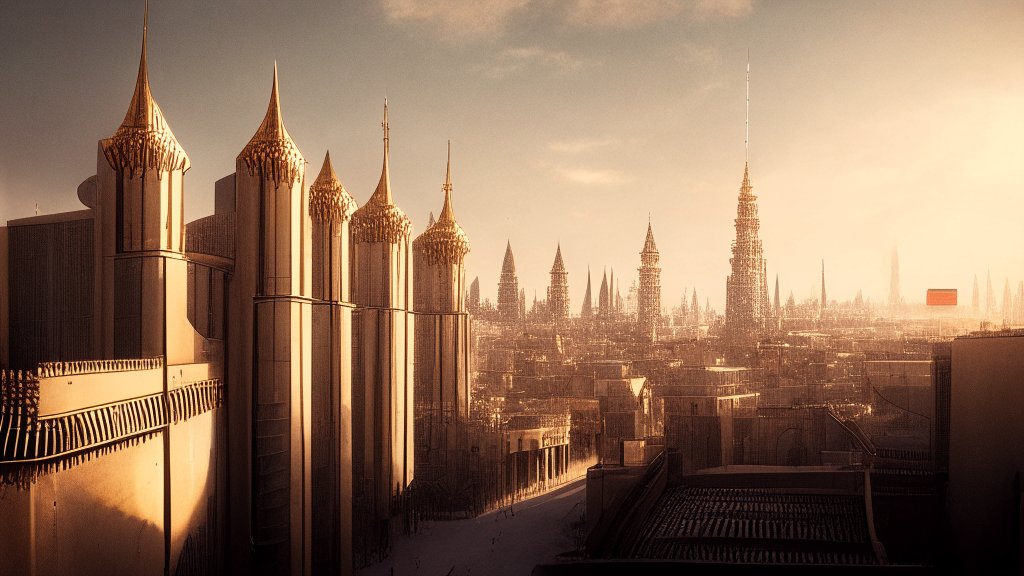 Futuristic Cityscape with Ornate Spires at Sunset