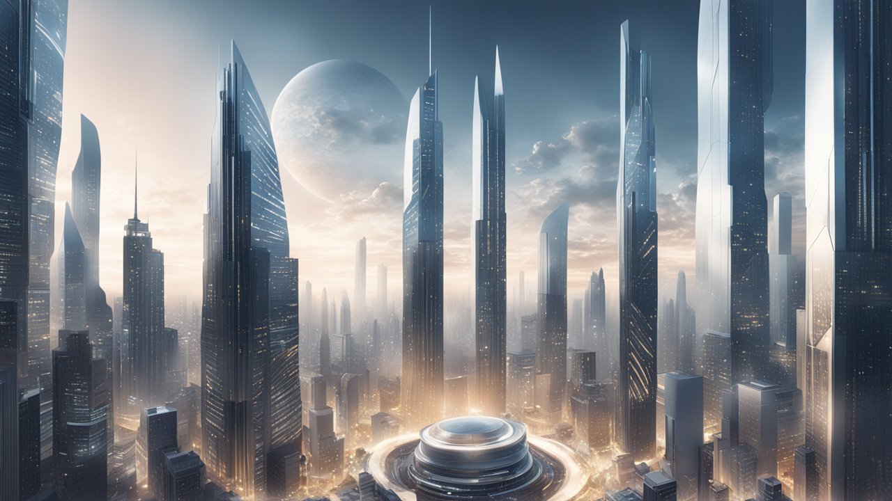 Futuristic Cityscape with Towering Skyscrapers and Distant Planet