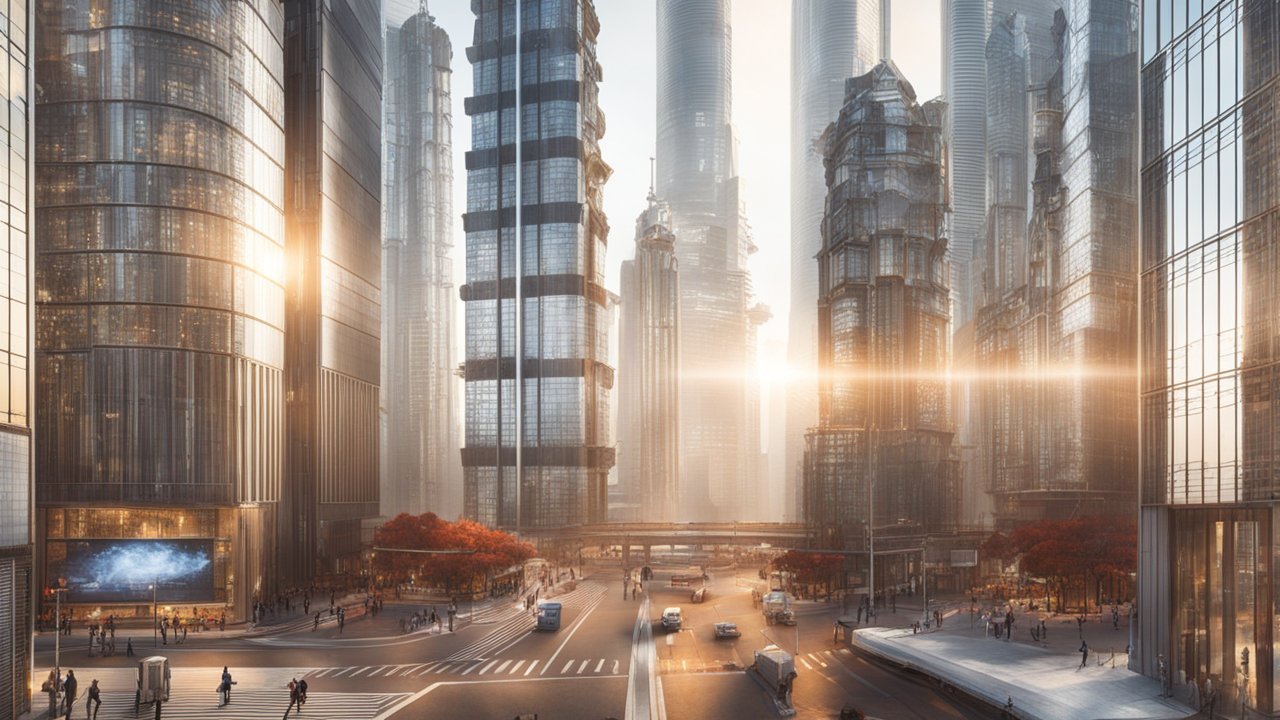 Futuristic Cityscape with Towering Skyscrapers at Sunset