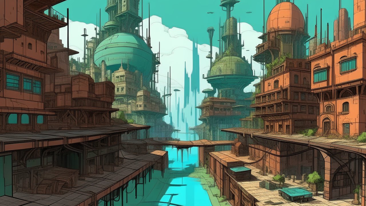 Futuristic Cityscape with Towering Structures and Waterways