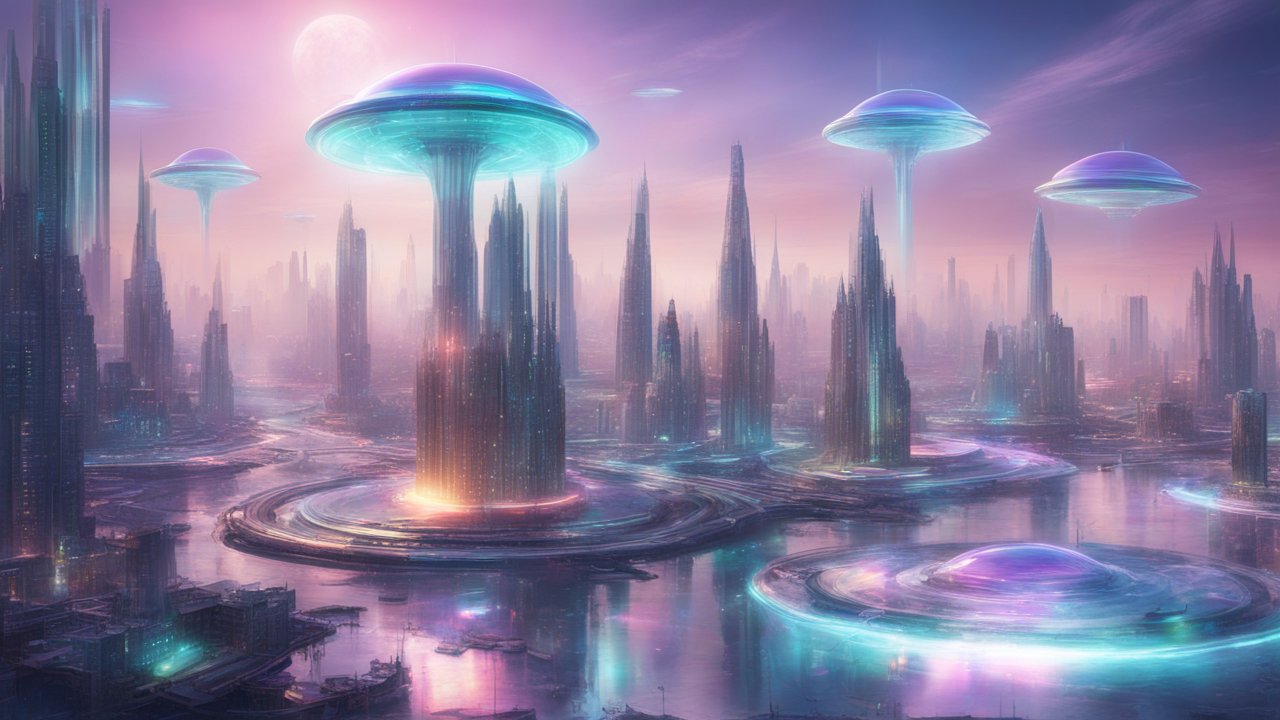 Futuristic Cityscape with Transparent Iridescent UFOs