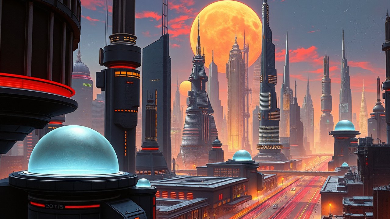 Futuristic Cityscape with Twin Suns at Sunset