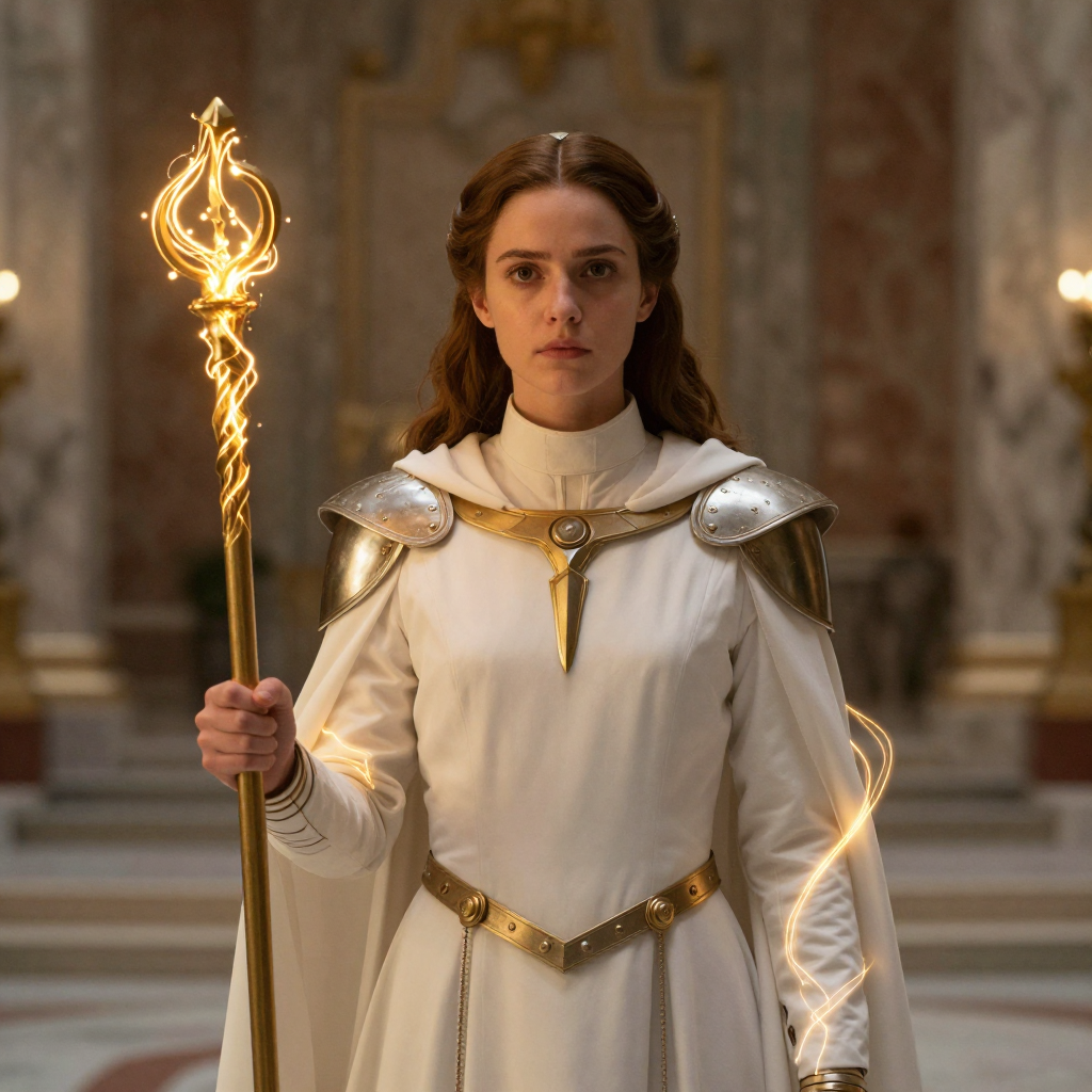 Futuristic Cleric in White and Gold Armor with Glowing Staff