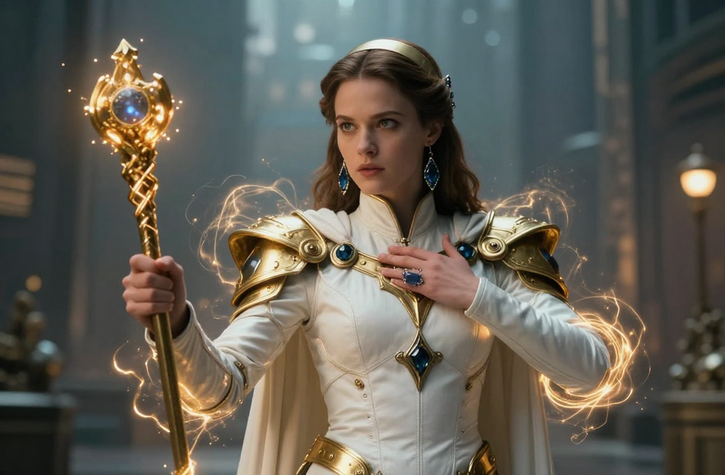 Futuristic Cleric with Magical Staff in Regal Armor