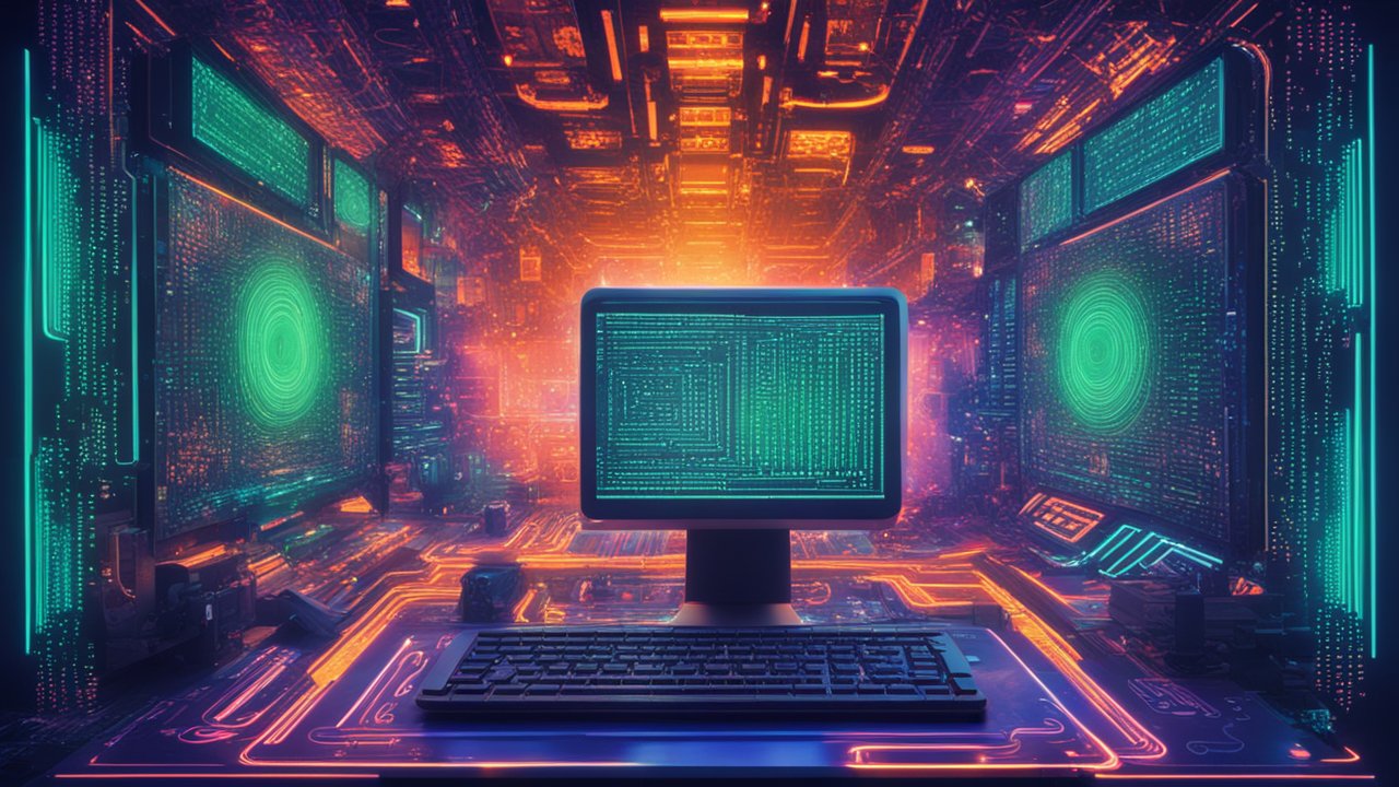Futuristic Computer Terminal in Neon Cyber Environment