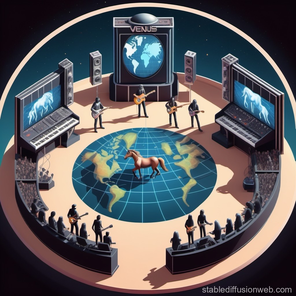 Futuristic Concert on a Planetary Stage with a Horse