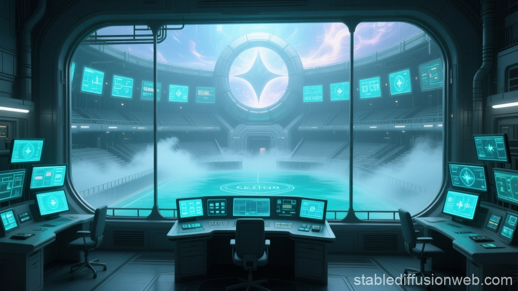 Futuristic Control Room Overlooking a High-Tech Arena