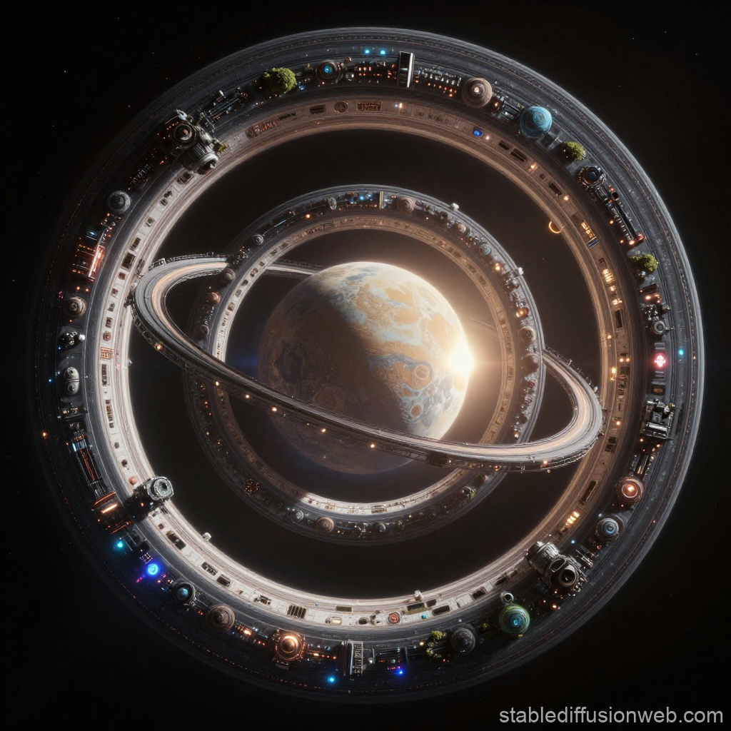Futuristic Cosmic Rings Orbiting a Planet