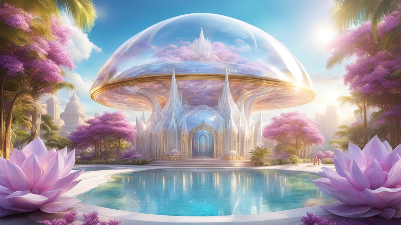 Futuristic Crystal Dome Palace in a Serene Garden