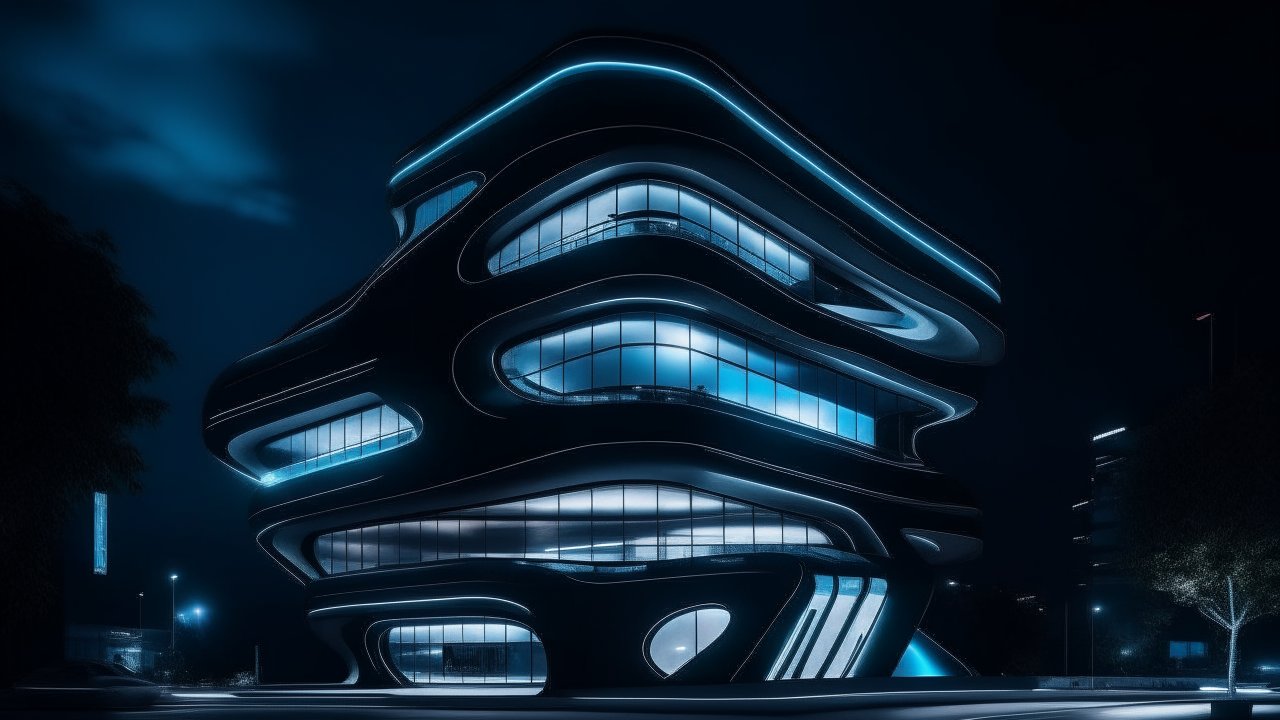 Futuristic Curved Building Illuminated at Night