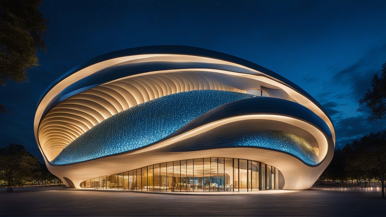 Futuristic Curved Building Illuminated at Night