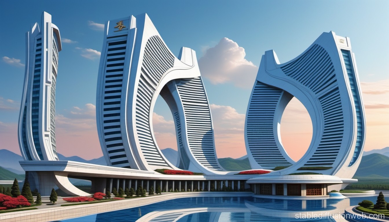 Futuristic Curved Skyscrapers with Reflective Pool