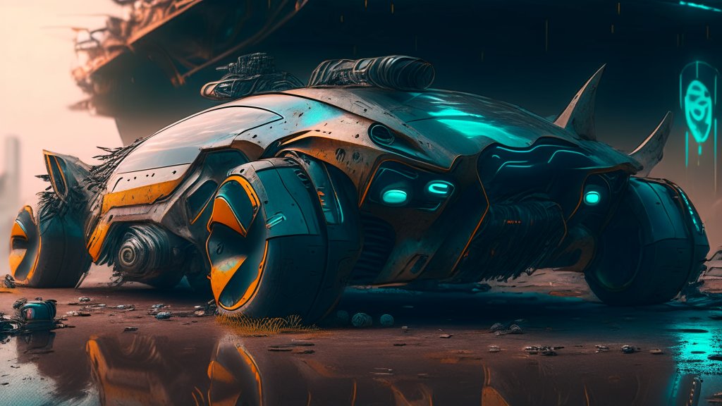 Futuristic Cyber Car in a Neon-lit Dystopian Setting