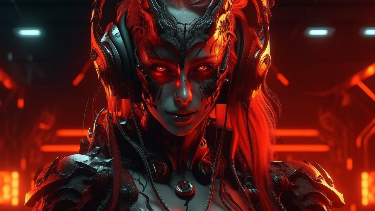 Futuristic Cyber Demon Woman with Headphones in Neon Light