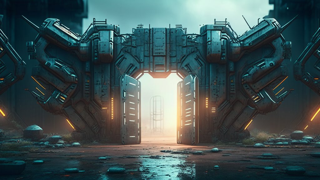 Futuristic Cyber Fort Entrance with Glowing Lights