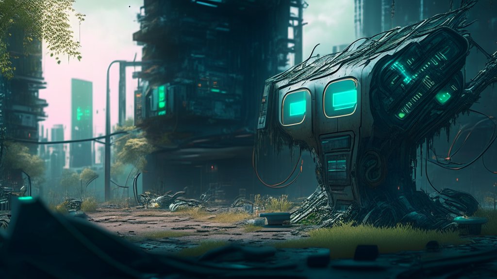 Futuristic Cybernetic Device in Overgrown Urban Ruins