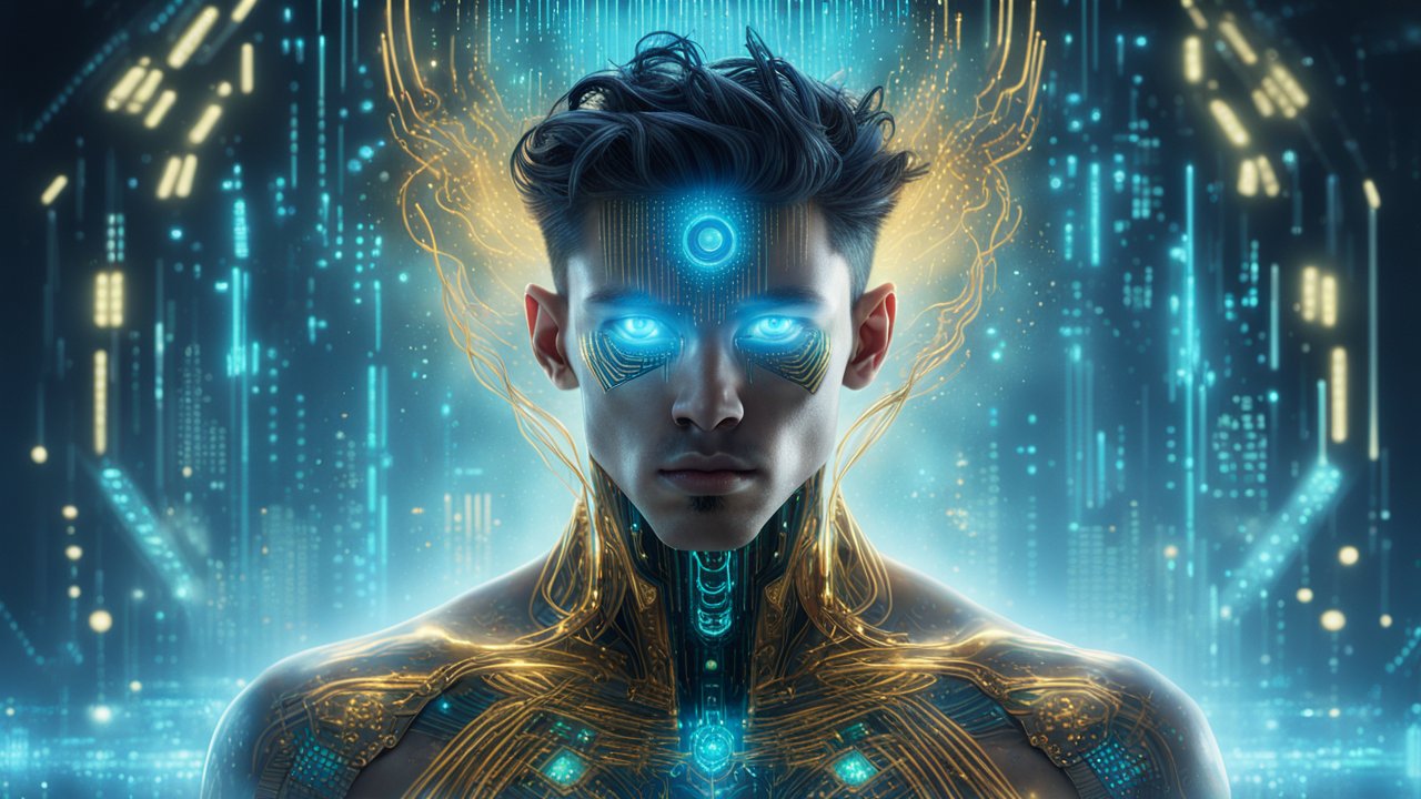 Futuristic Cybernetic Human with Glowing Blue Eyes