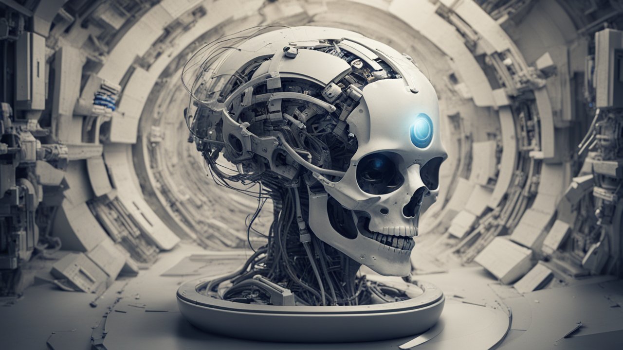 Futuristic Cybernetic Skull with Illuminated Forehead in Sci-Fi Tunnel