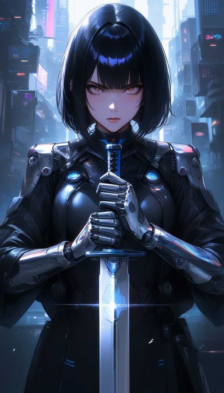 Futuristic Cybernetic Warrior Holding a Sword