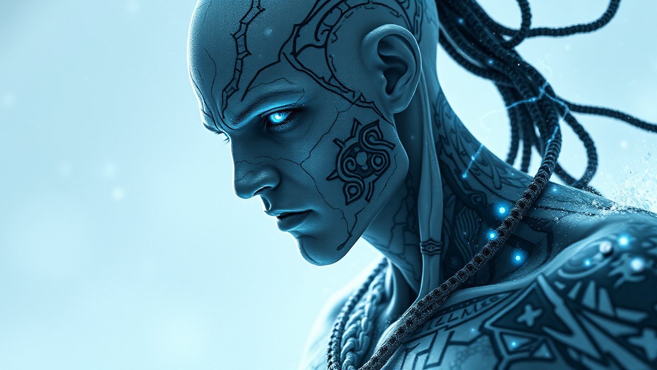 Futuristic Cybernetic Warrior with Glowing Blue Eyes