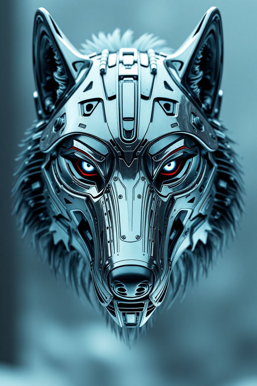 Futuristic Cybernetic Wolf Head with Glowing Eyes