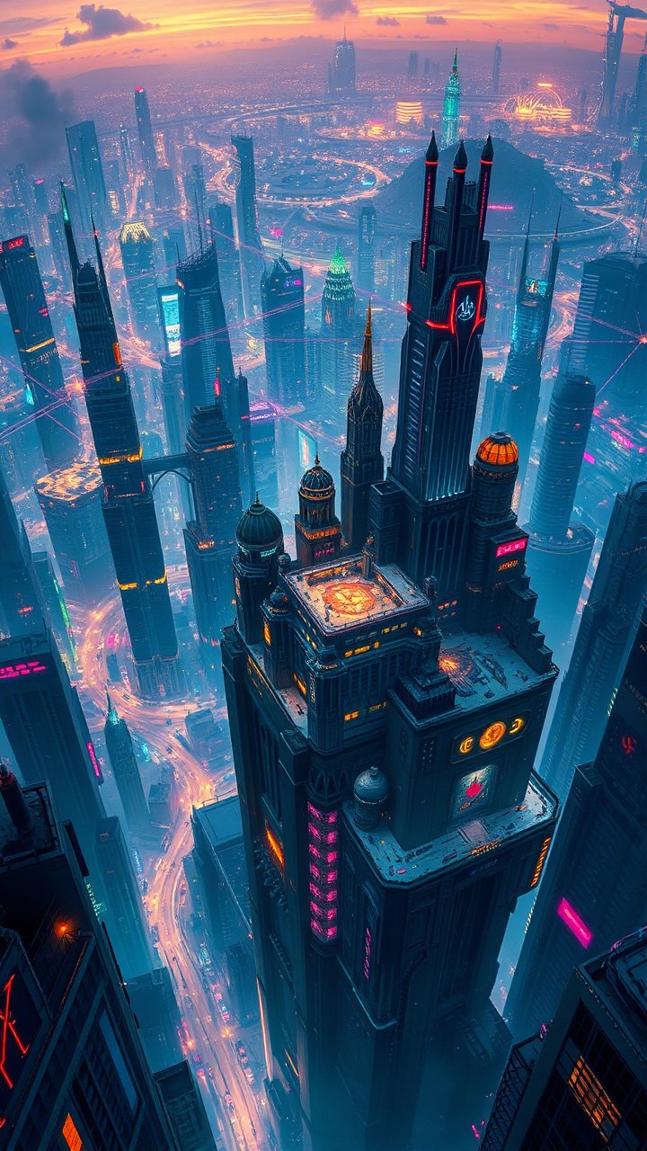 Futuristic Cyberpunk Cityscape at Dusk