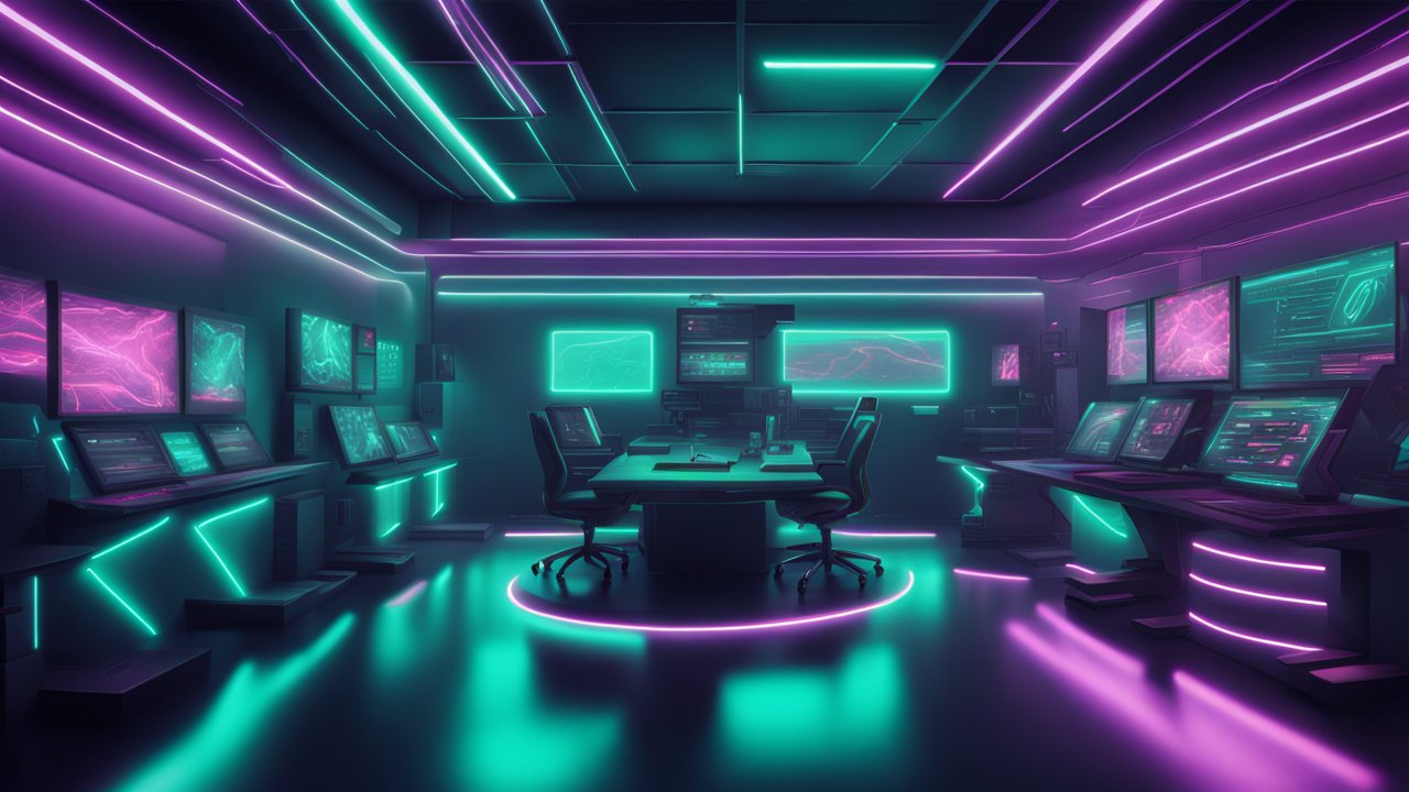 Futuristic Cyberpunk Control Room with Neon Lighting