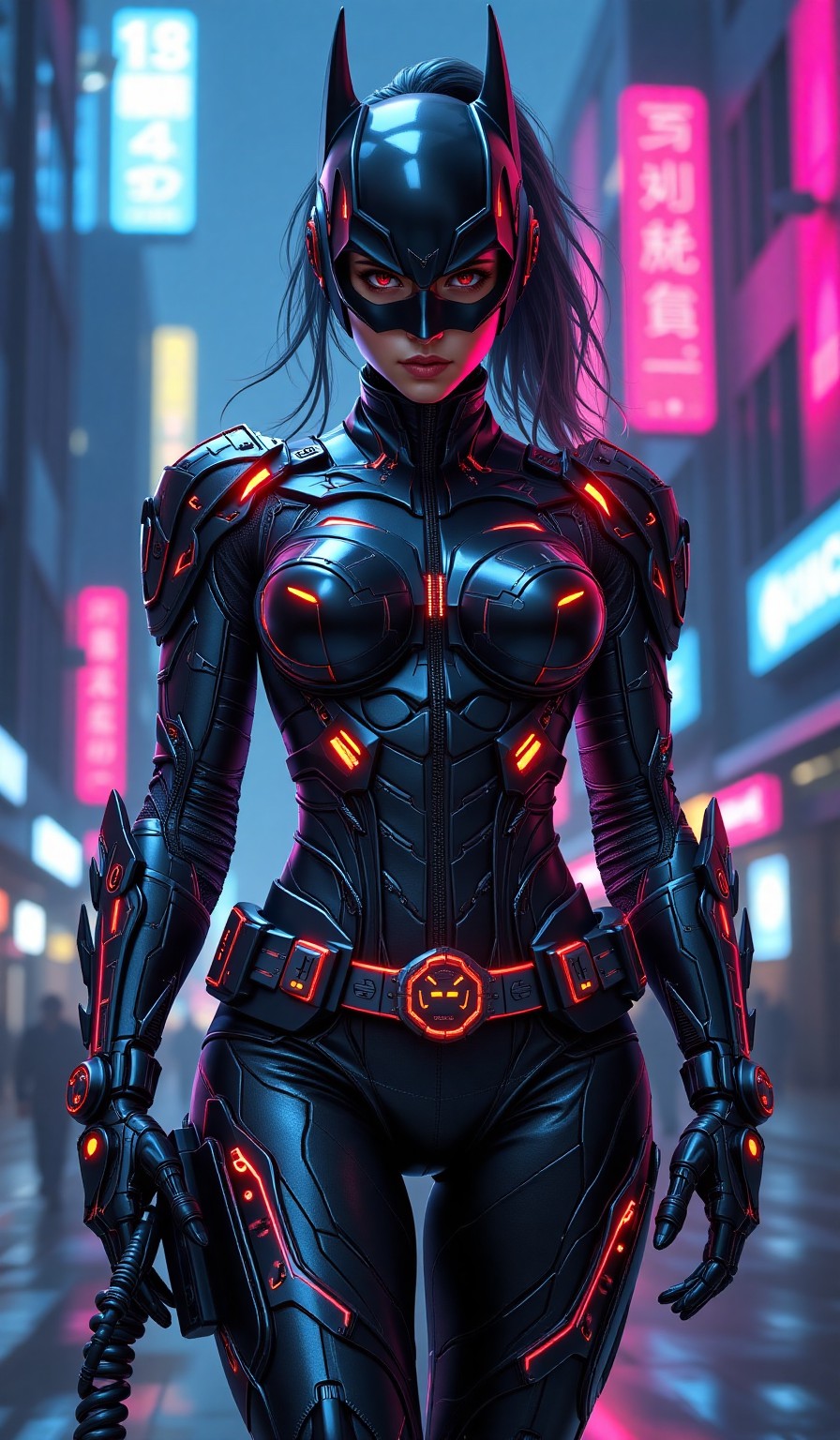 Futuristic Cyberpunk Female Warrior in Neon City